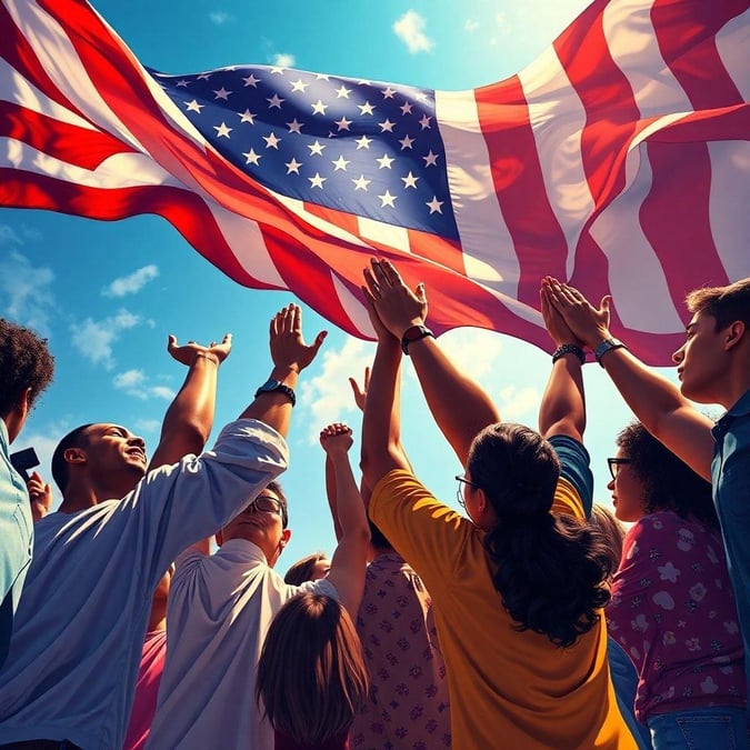 A group of patriotic citizens celebrating Independence Day with the American flag.