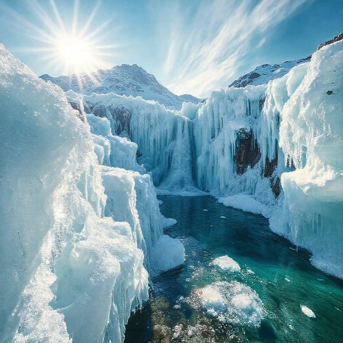 This crystal clear mountain lake, frozen solid in winter, creates a breathtaking natural spectacle. The sun is casting a warm glow on the frozen surface of this glacier-fed water body, creating a stunning contrast with the surrounding snowy peaks.