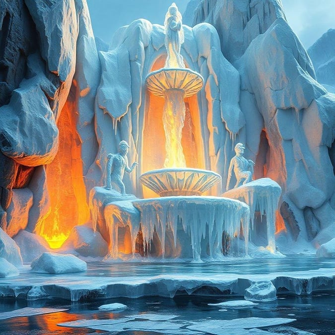 Dive into an icy wonderland, where the frozen waterfalls cascade like a symphony to a chamber of glowing amber ice. A frozen kingdom that speaks to the ancient magic of nature.