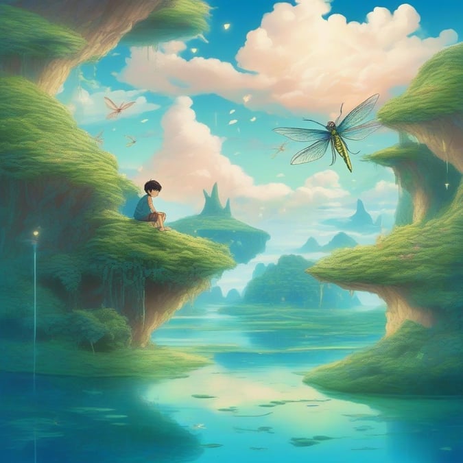 Immerse yourself in the enchanting world of anime with this captivating wallpaper, featuring a young boy riding a dragonfly amidst a dreamlike landscape of floating islands, set against a vibrant, colorful sky and clouds.