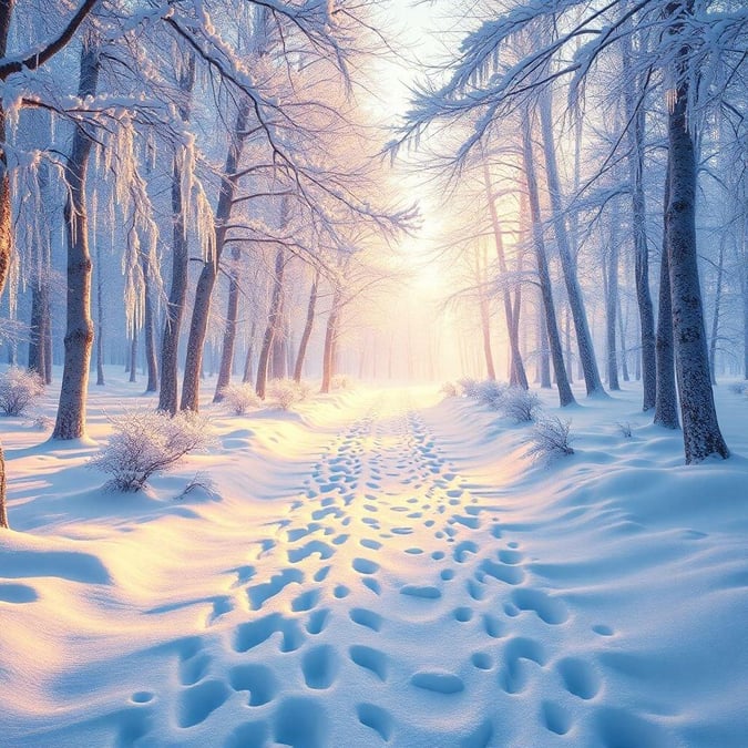 A serene winter scene with snow-covered trees and a path leading through the forest, perfect for the holiday season.