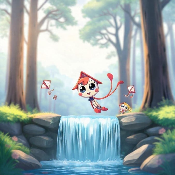 This anime wallpaper features a mischievous kite peeking out from behind a small waterfall, set against a blurry view of a forest with tall trees and a cloudy sky. The digital illustration has a realistic style, making it perfect for desktop and mobile use.