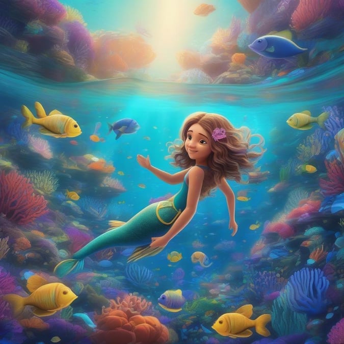 Immerse yourself in a vibrant underwater world with this captivating mermaid wallpaper, perfect for kids and cartoon lovers.