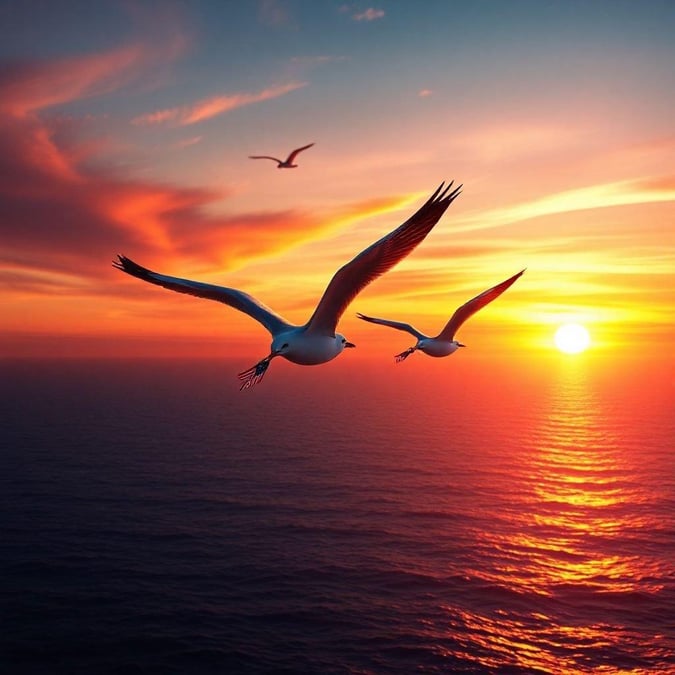 Two white birds gracefully soar over the calm sea during a sunset, with the silhouette of an island in the distance. An atmosphere of freedom and adventure is captured as the sky transitions from day to night.