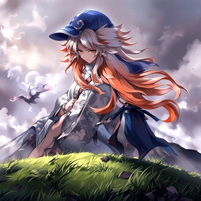 A stunning anime illustration of a young ninja standing atop a misty mountain, with a blue hat and a red hat, set against a dark and foggy sky.