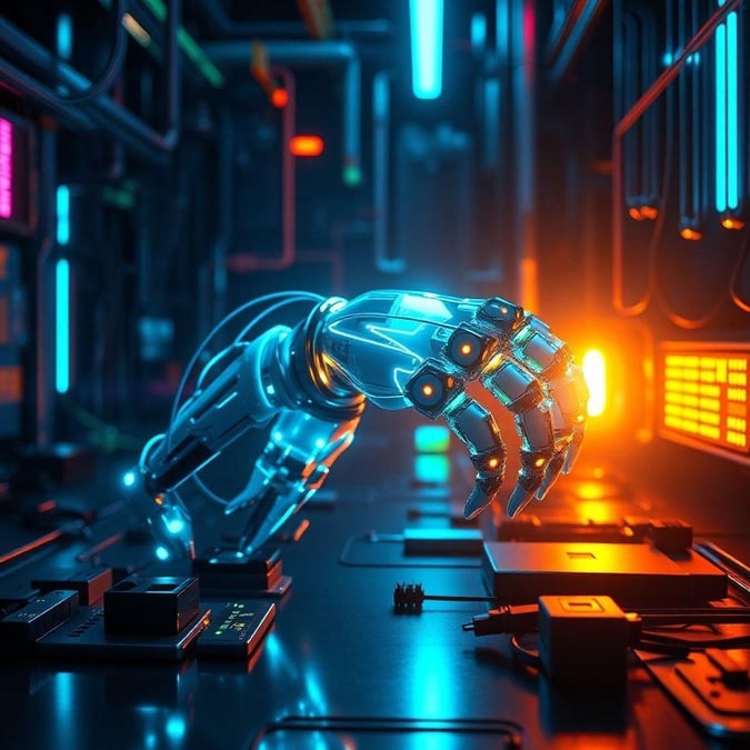 A digital illustration of futuristic robotic technology, featuring a large metallic hand interacting with a circuit board against a backdrop of glowing neon lights.