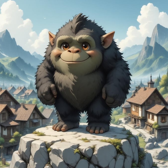 This anime illustration features a gentle giant, troll-like creature with a friendly expression, standing on a rocky outcropping in a peaceful village. The scene is awash in warm light, with the creature's large eyes and a small smile adding a whimsical touch.