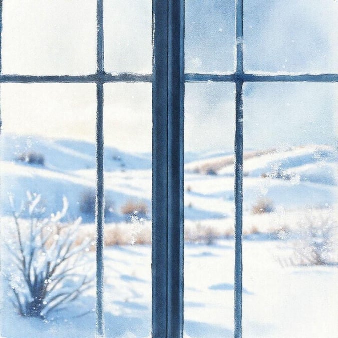 Relaxing view of snowy landscape seen from an interior window, hinting at the quiet beauty of winter's touch on nature.