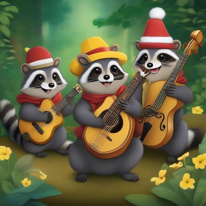 Denna charmiga bild fångar en scen från den magiska världen av anime där tre tanuki glatt spelar sina musikinstrument. Den centrala tanukin, med sina stora öron och uttrycksfulla ögon, bär en röd hatt och en gul hatt, vilket lägger till en touch av fantasi till detta underbara ensemble. Omgiven av den frodiga grönskan i en skog, ger de en touch av musik och magi till den digitala världen. Denna bild är perfekt för användning på skrivbord och mobil, eftersom den representerar den livliga och fantasifulla andan av anime.