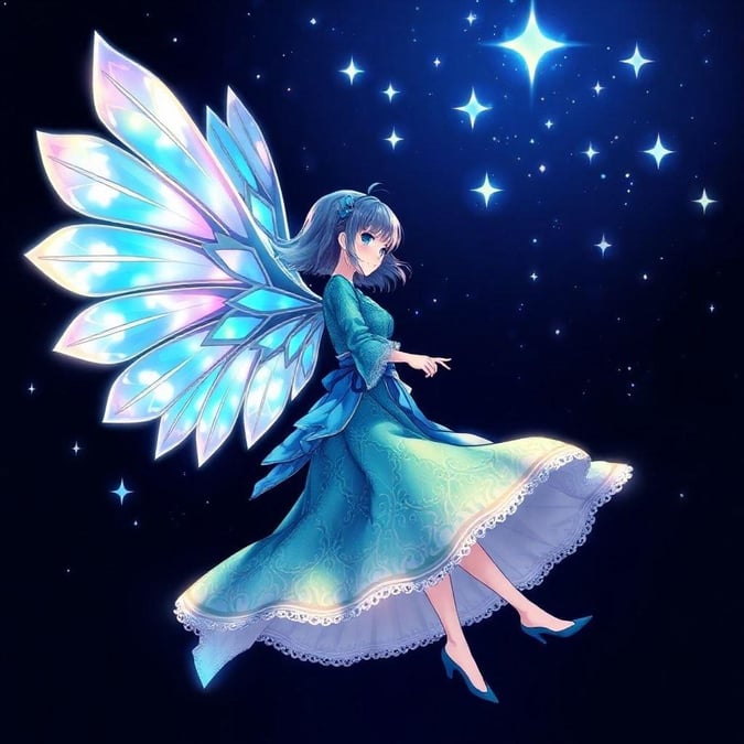 A beautiful anime illustration of a girl with iridescent wings dancing under the stars, creating an ethereal atmosphere.