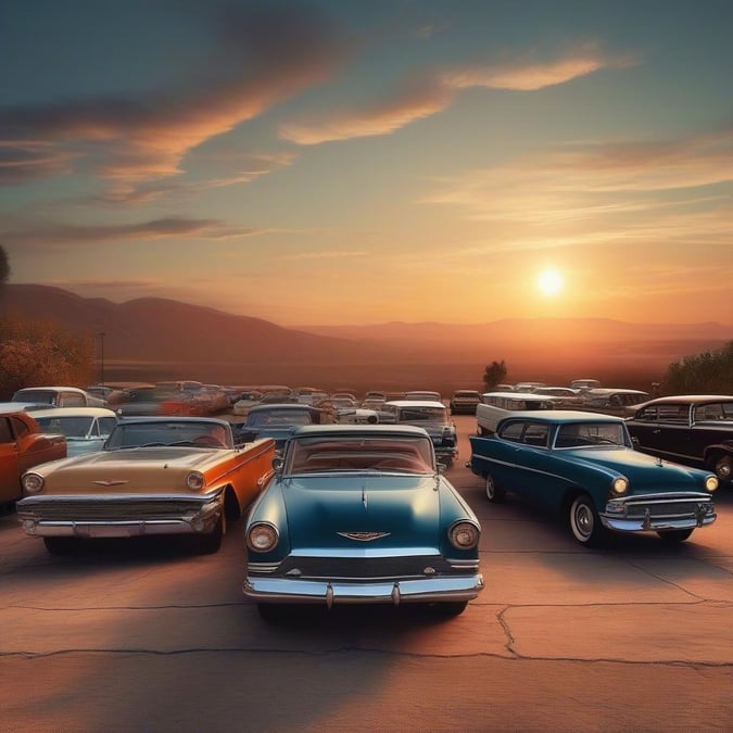 This vibrant scene captures a gathering of classic cars, their colors shining against the backdrop of a setting sun. The hoods are up, revealing their inner beauty and history, while the mountains in the distance add to the timeless charm of this classic car show.