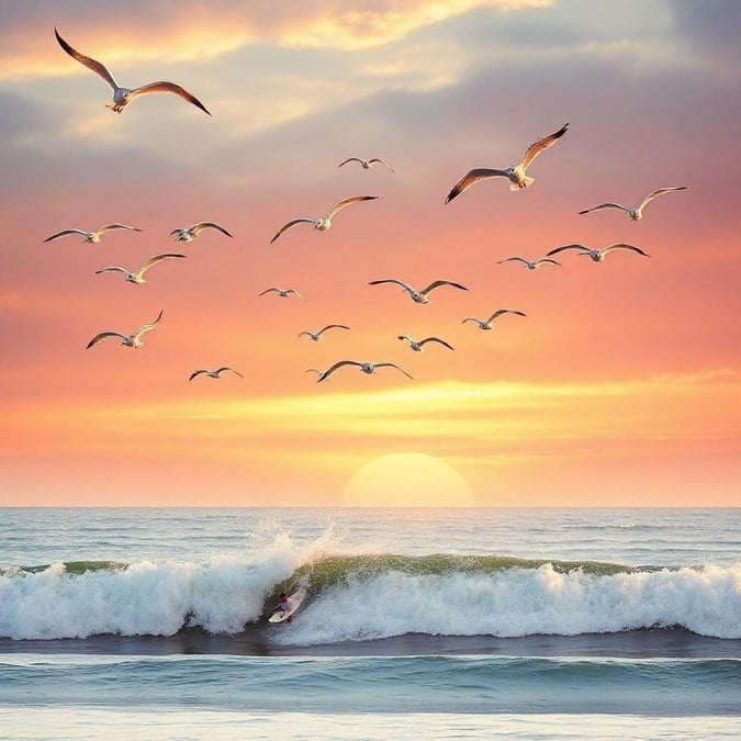 A serene beach scene with birds flying over the ocean as the sun dips below the horizon. A surfer is catching the last waves at dusk.