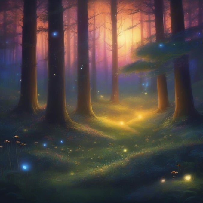 Step into the enchanting world of this forest, where towering trees and twinkling fireflies create a sense of wonder and magic.