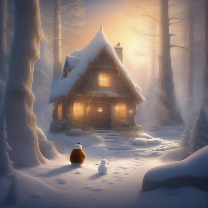 A quaint cottage in the heart of a snowy forest, where a festive winter atmosphere is captured. It's like walking into a storybook scene.