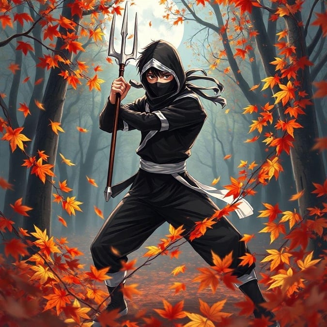 Immerse yourself in the serene beauty of a ninja training in a forest, surrounded by the vibrant colors of autumn. This captivating digital illustration brings to life the tranquil atmosphere of a moonlit forest, where the ninja's energetic pose invites you to explore the mysteries of the world.