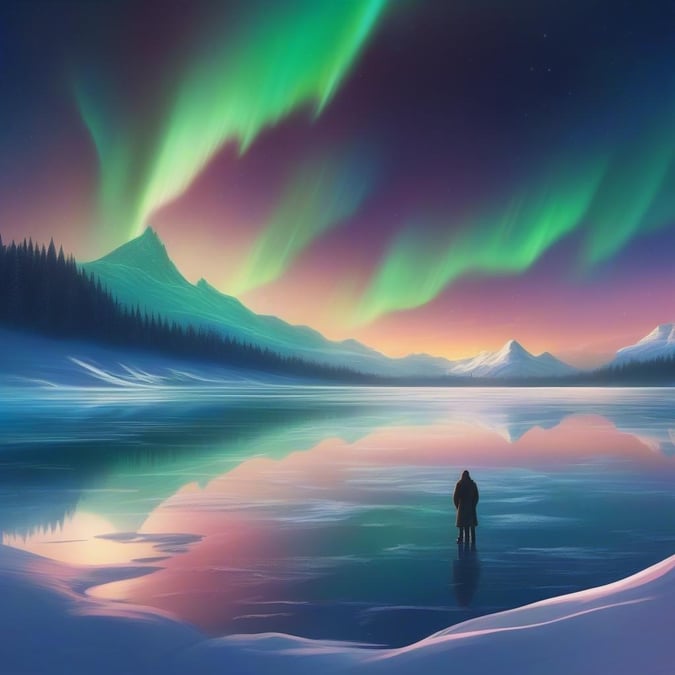 Immerse yourself in the breathtaking beauty of a fantasy world with this stunning wallpaper featuring the ethereal glow of the northern lights.