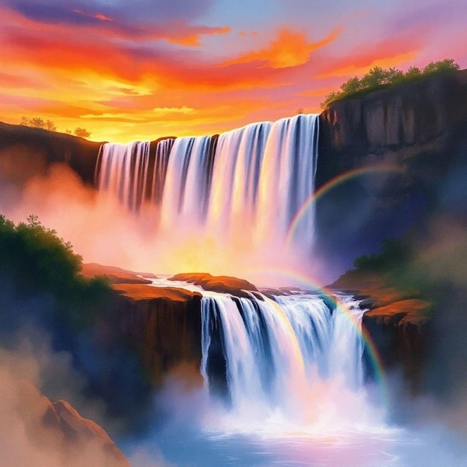 This captivating wallpaper features a vibrant waterfall cascading over lush greenery, bathed in the warm glow of a sunset. The magical rainbow adds a dreamy touch to this idyllic natural scene.