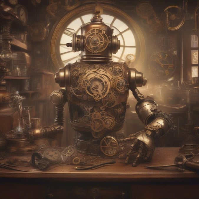 A steampunk robot working diligently in its mechanical workshop, surrounded by intricate devices and gears.