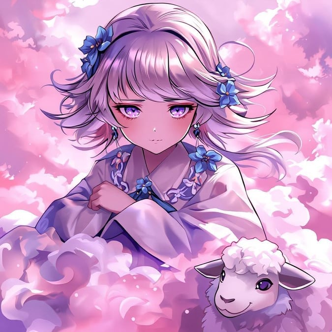 This anime-style wallpaper features a young girl floating on a cloud, surrounded by soft pink and purple hues. The image is detailed and whimsical, with a small blue flower in her hair and fluffy white sheep adding to the scene's charm.