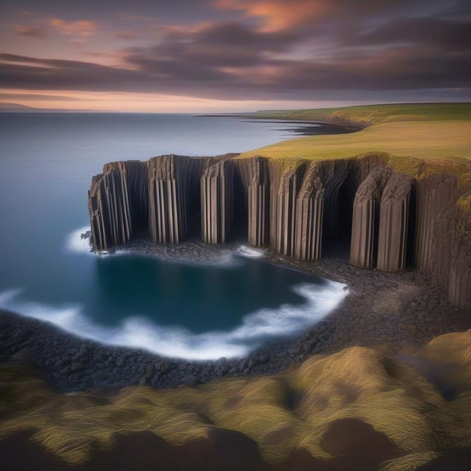 An idyllic view of the St. Patrick's Day celebrations on a rugged cliff, with a beautiful sunset casting its warm glow over the vast ocean below.