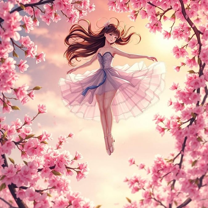 A beautiful anime ballerina floats above a cherry blossom garden, her elegant curls contrasting the soft pink petals.