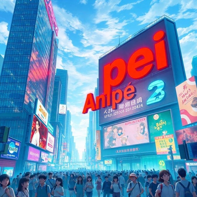 Tauchen Sie ein in die lebendige Welt des Anime mit diesem fesselnden Stadtlandschaft-Hintergrundbild, das eine große, farbenfrohe Werbung für 'Anipei' in fetten, roten Buchstaben zeigt.