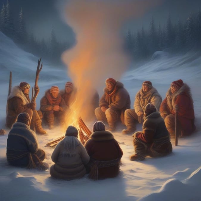 A group of Inuits gather around a fire, sharing stories and warmth in their traditional attire. The fire casts a glow on their faces as they enjoy each other's company under the cold winter sky.