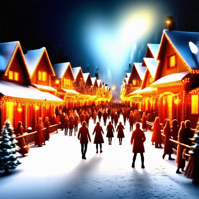 A bustling village street, snowy night with decorations lit up in a festive winter atmosphere. Enjoy the cozy ambiance and Christmas spirit.