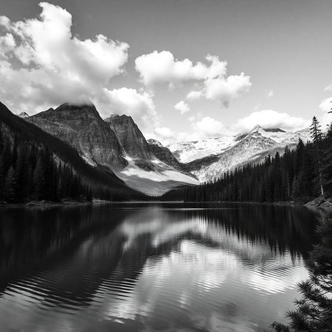 A tranquil black and white view of mountains towering above a serene lake. A perfect wallpaper for desktop or mobile, capturing the raw beauty of nature.