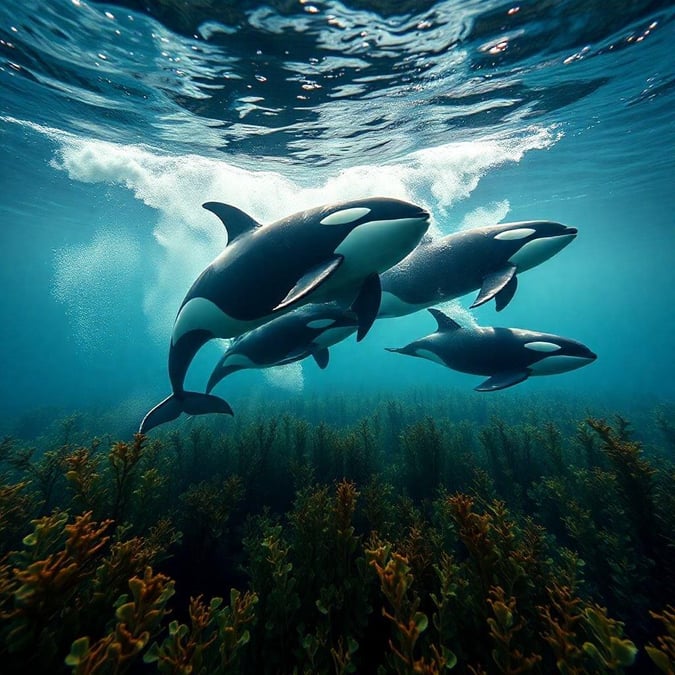 This stunning wallpaper features a family of orcas swimming in the ocean, showcasing the beauty of marine life.