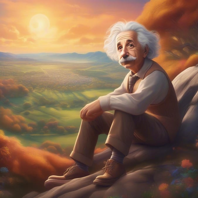 A serene landscape featuring the renowned physicist, Albert Einstein, lost in thought amidst nature's beauty.