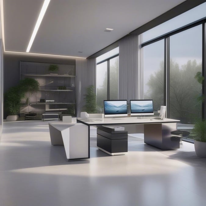 A sleek and minimalist office space perfect for productivity and relaxation.