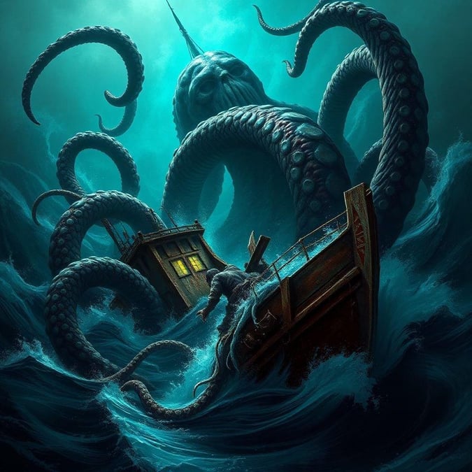 A fantastical scene where a brave adventurer takes on the ocean's most feared creature, the Kraken. The kraken is captured in an enigmatic pose, its tentacles reaching out towards the ship as if to claim another prize. This image captures the thrill and mystery of sea exploration and the unknown.