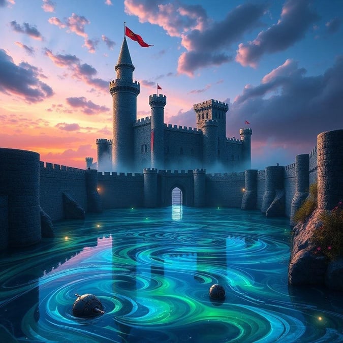 A majestic castle with red flags stands tall as the sun sets, casting a warm glow on its medieval stone walls. The tranquil river flows serenely before it, reflecting the last rays of the day. A mysterious energy swirls in the foreground, hinting at magical powers that may dwell within this enchanted realm.