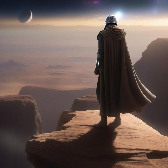 In this sci-fi setting, our movie character stands out against the backdrop of a barren desert planet, looking towards the horizon. The vast expanse of space around hints at a thrilling intergalactic adventure.