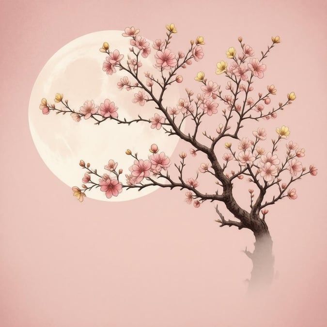 This wallpaper features a beautiful anime-style illustration of a delicate cherry blossom tree under a crescent moon in feudal Japan. The central focus is a small pink flower with yellow petals and a dark brown center, set against a soft pink background, creating an ethereal atmosphere.