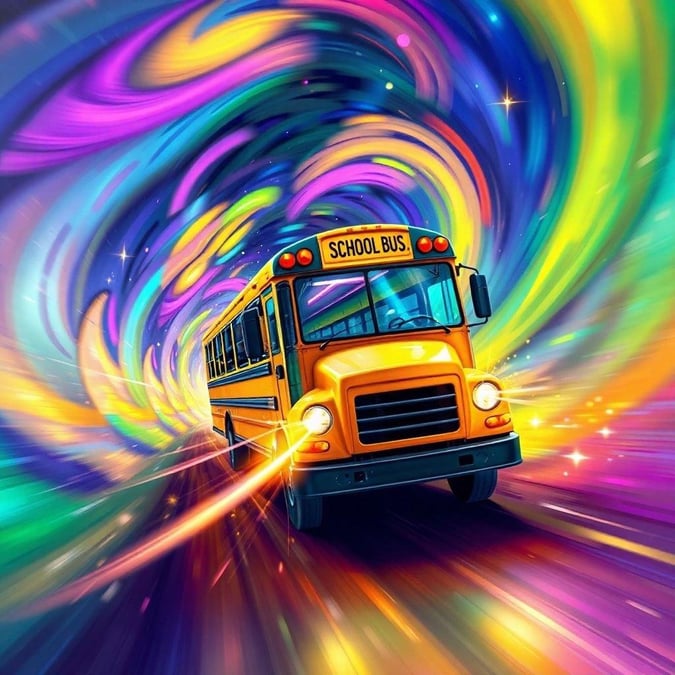 An animated school bus soars through a vibrant tunnel, creating a whimsical journey that embodies the essence of youthful exploration and imagination.