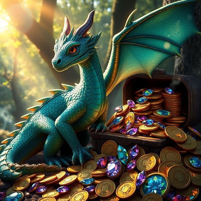 As the guardian of the treasure, this majestic dragon watches over his hoard of gold coins and precious gems.