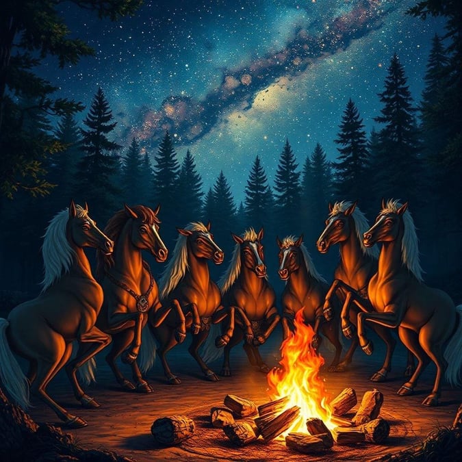 A group of majestic horses in the company of each other, around a campfire in the wilderness under the starlit sky. The image evokes a sense of camaraderie and adventure.