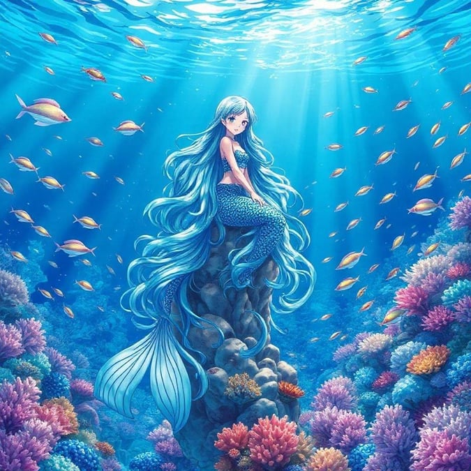 This anime illustration features a delicate mermaid with a cascading waterfall of hair, perched on a coral reef amidst a rainbow of colorful fish, creating an enchanting underwater atmosphere.