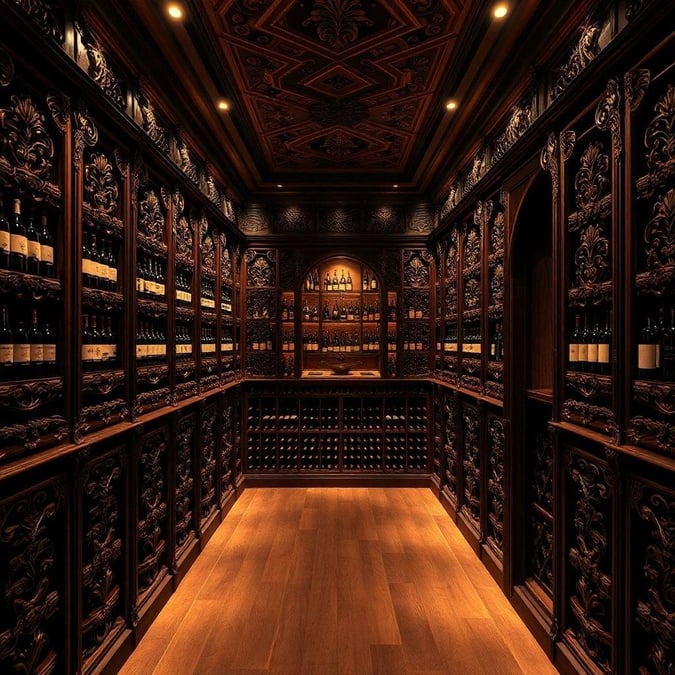 Enter the world of luxury and elegance, where every bottle tells a story. This vaulted wine cellar is a haven for connoisseurs, with its dark wood racks housing a collection that spans centuries. The rich ambiance is heightened by the warm glow from the candles on the shelves, casting an inviting light over the treasures within.