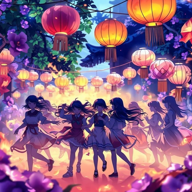 This wallpaper features a lively and colorful scene of anime girls dancing in a parade, surrounded by brightly colored lanterns and paper flowers.