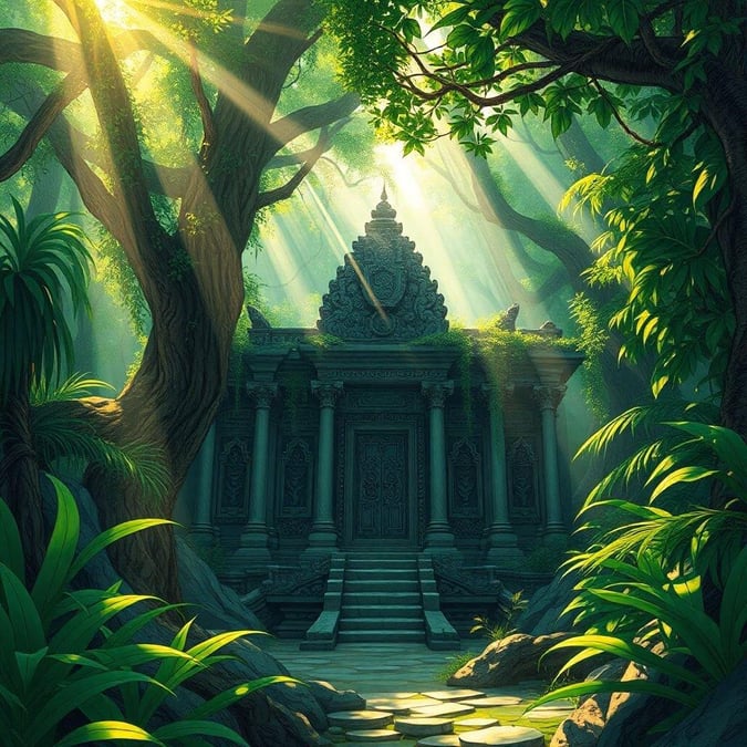 A mysterious ancient temple hidden in the heart of a lush, verdant forest, bathed in sunlight filtering through towering trees. A fantastical journey into a mystical realm.