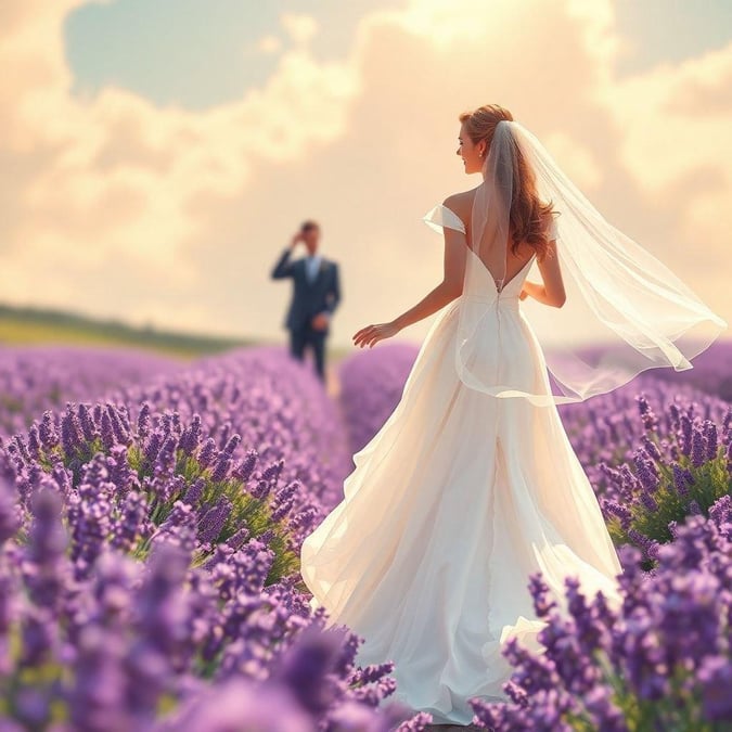 A joyful bride and groom celebrate their love among the vibrant purple fields. Romance blooms as they share a moment of happiness on their special day.