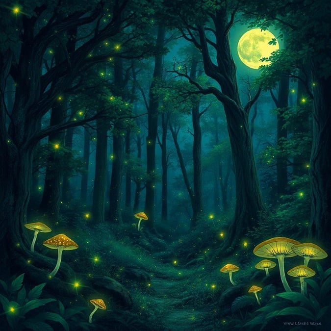 The enchanting forest at night, lit by the glow of fireflies and the full moon. A magical place where nature's beauty is on display.