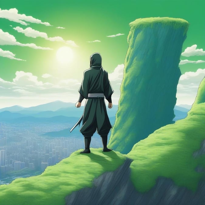 This anime wallpaper features a lone samurai standing at the edge of a cliff, overlooking a cityscape. The samurai is poised with his arms outstretched and gazes upwards to the left, perhaps observing something in the distance or lost in thought about his next move. The rough texture of the cliff contrasts with the smooth cityscape behind him, while the light blue sky dotted with white clouds completes the picturesque view.