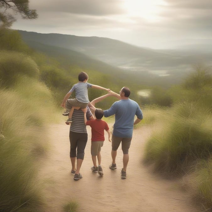 A family enjoys a trek together through a scenic mountain trail on a clear day.