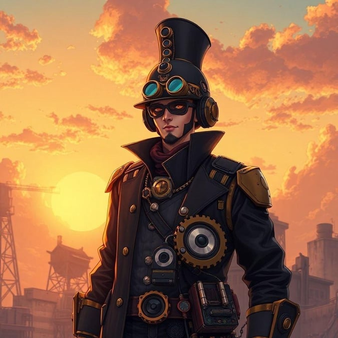 Une illustration numérique détaillée d'un inventeur steampunk se tenant au milieu d'un coucher de soleil à couper le souffle, orné de machines et d'engrenages complexes.