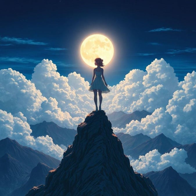 A captivating anime illustration of a woman standing on a mountain peak, bathed in the soft glow of the moonlight. The serene atmosphere and tranquil pose evoke a sense of peaceful contemplation.