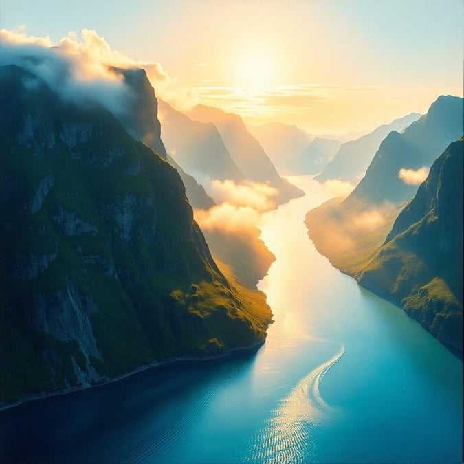 Immerse yourself in the tranquility of this serene fjord landscape, where clear waters reflect the warm hues of the setting sun.